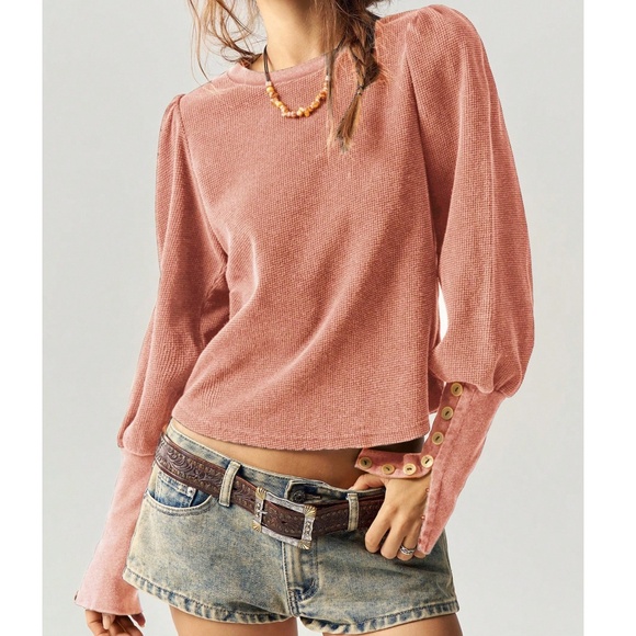 Solid Thermal Knit Puff Button Cuff Long Sleeve Top - Picture 14 of 14